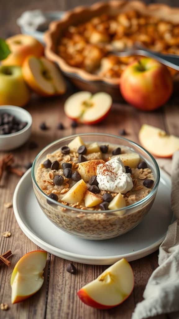 A bowl of overnight oats with apple chunks and chocolate chips