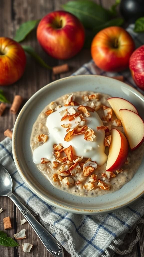 A bowl of apple pie overnight oats topped with yogurt, toasted coconut flakes, and fresh apple slices.