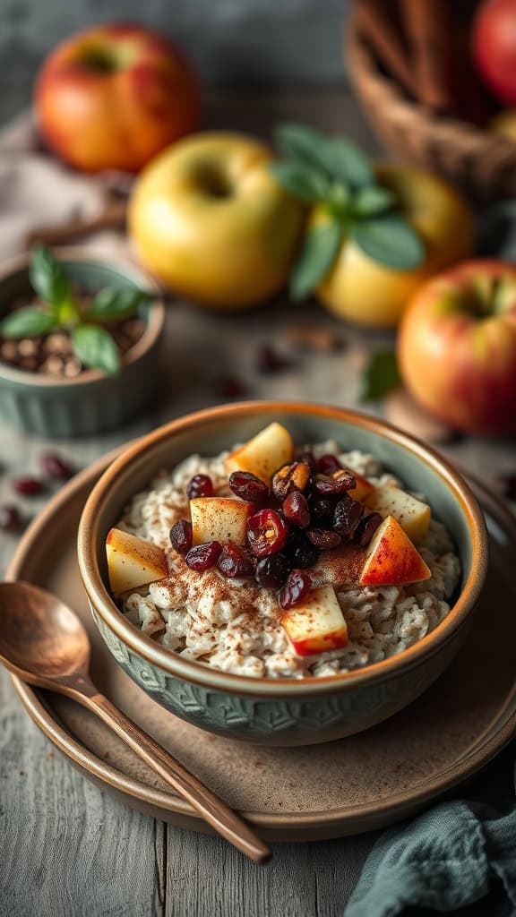 Delicious bowl of overnight oats topped with apple chunks and dried cranberries, ready to enjoy.