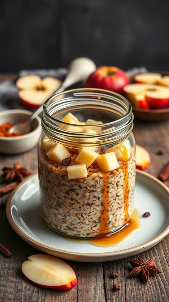 A jar of overnight oats layered with diced apples and drizzled with date syrup, surrounded by whole apples and spices.