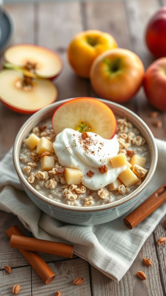 A bowl of overnight oats with apple chunks and Greek yogurt, garnished with cinnamon and fresh apple slices.