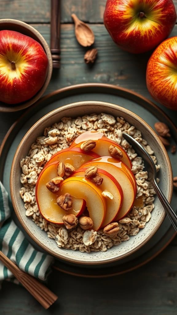 A bowl of apple pie overnight oats topped with sliced apples and nuts