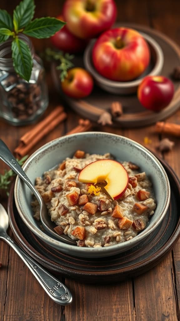 Delicious bowl of overnight oats with apple chunks and lemon zest, with fresh apples in the background.