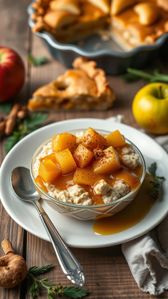 Bowl of overnight oats with apple pie filling and maple syrup