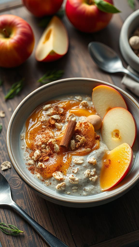 A bowl of overnight oats topped with apple slices, cinnamon, and nuts, representing a healthy dessert for breakfast.