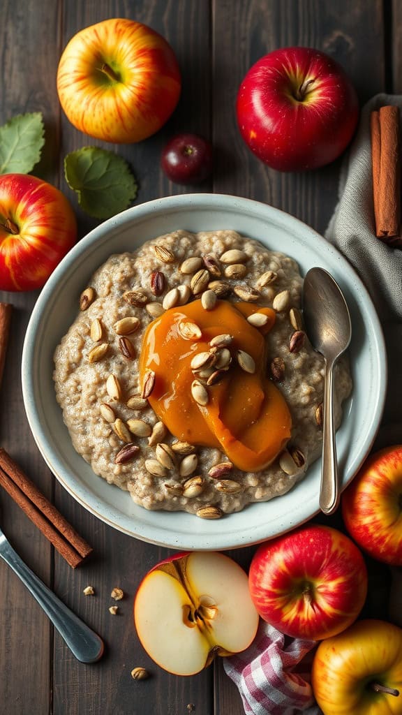 A bowl of creamy overnight oats topped with pumpkin seeds and apple slices, surrounded by fresh apples and cinnamon sticks.