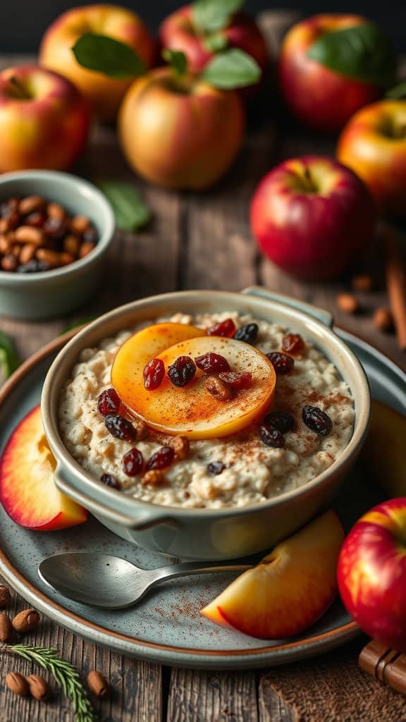 Delicious bowl of apple pie overnight oats with fresh apples and raisins