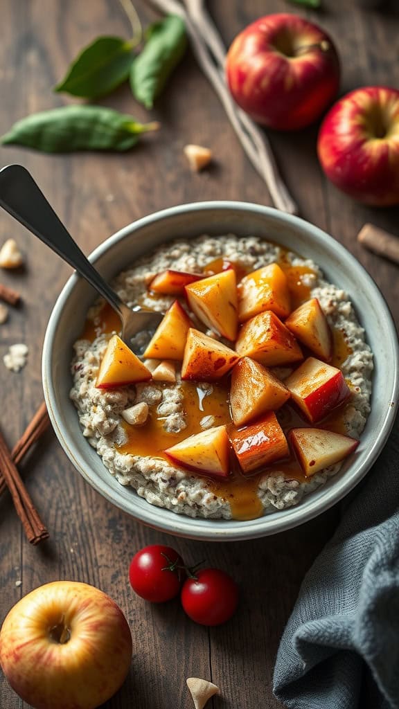 A bowl of overnight oats topped with diced apples and salted caramel sauce.