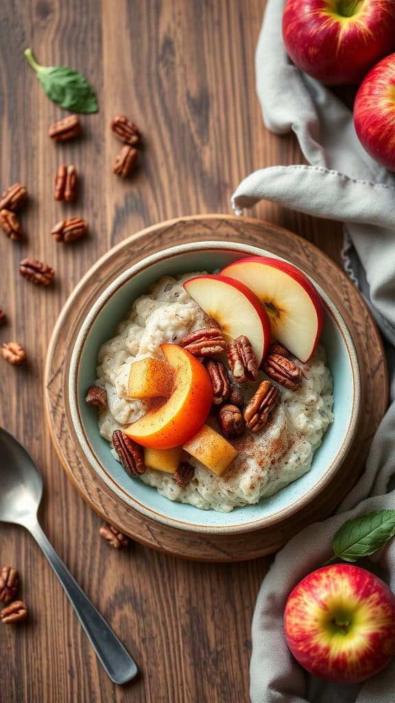 Bowl of overnight oats topped with apples and pecans