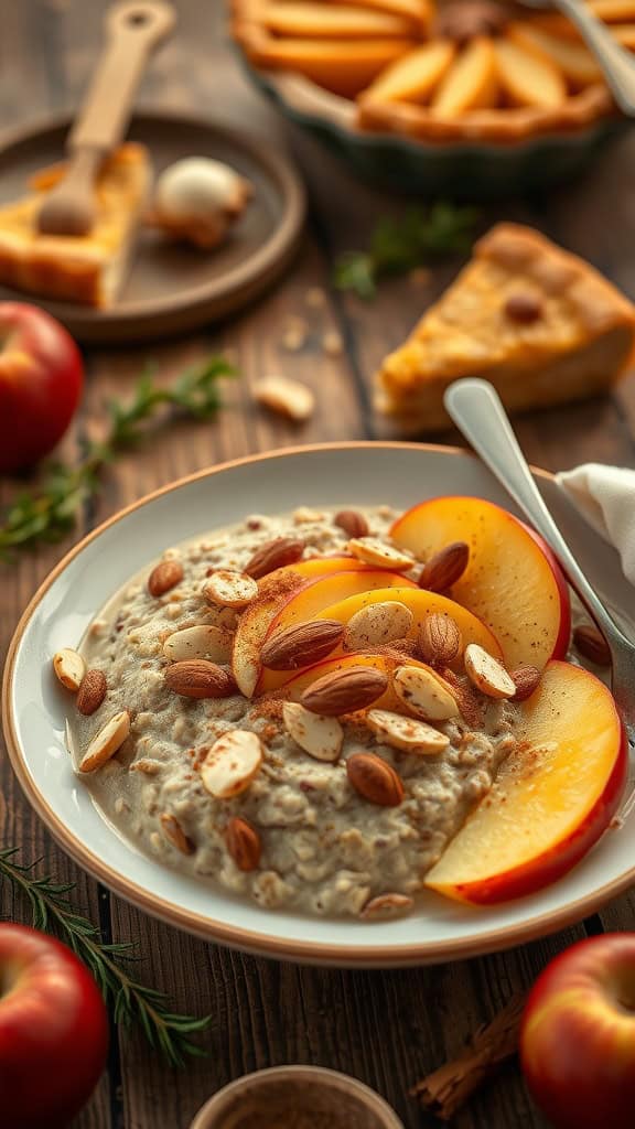 A bowl of overnight oats topped with sliced apples and almonds