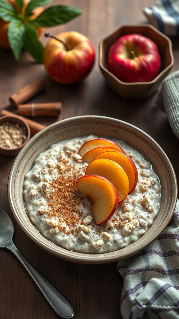 A bowl of overnight oats topped with caramelized apple slices and sprinkled with cinnamon.