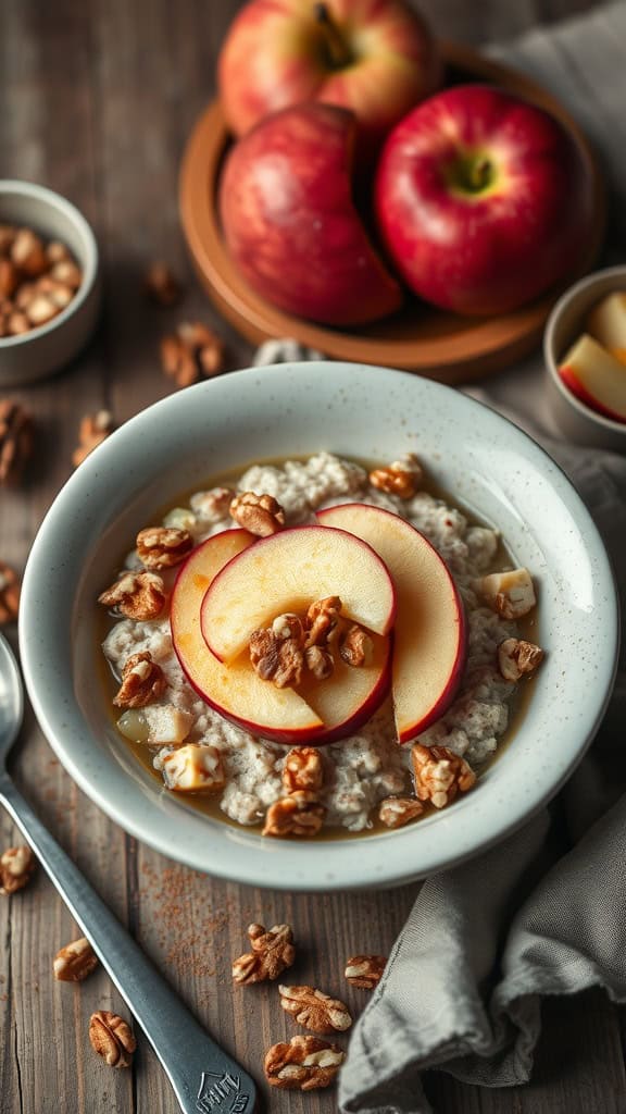 Overnight oats topped with apple slices and walnuts.