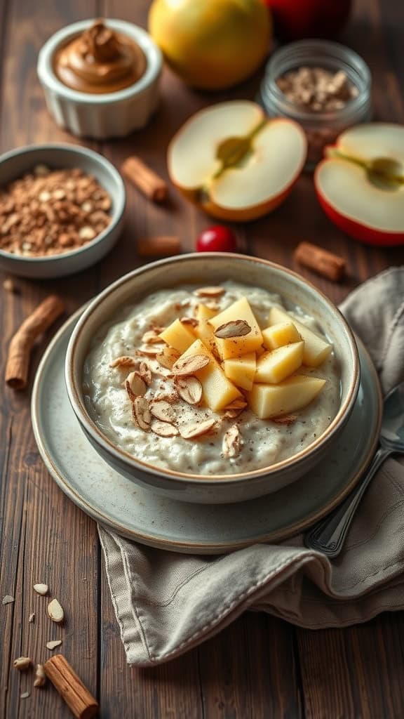 A bowl of overnight oats topped with apple chunks and almond butter.