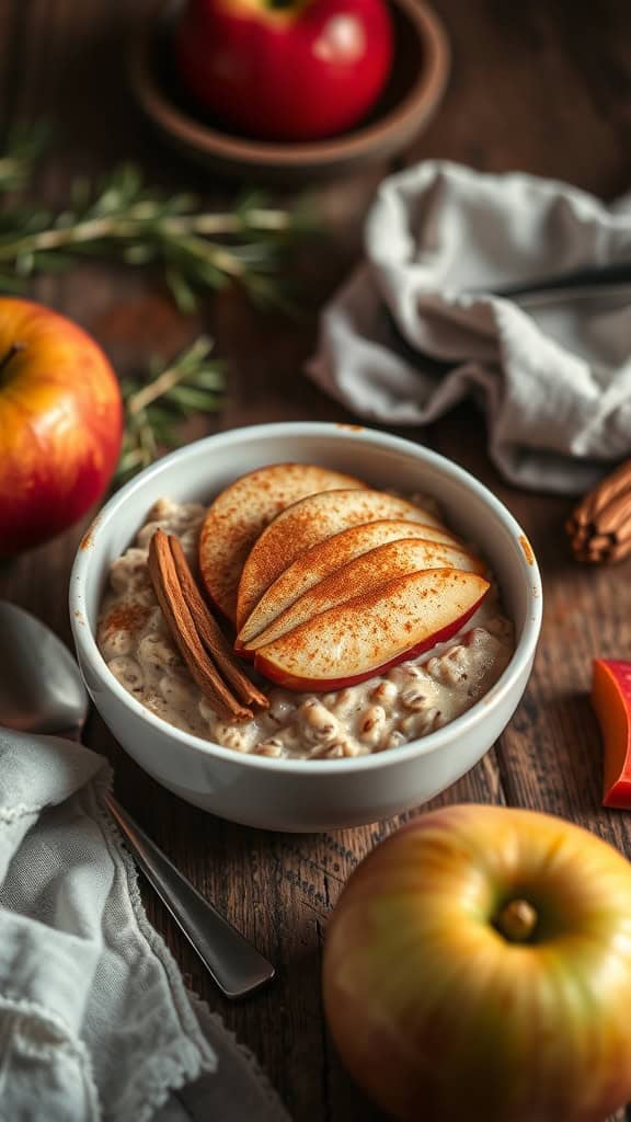 A cozy bowl of overnight oats topped with sliced apples and cinnamon.