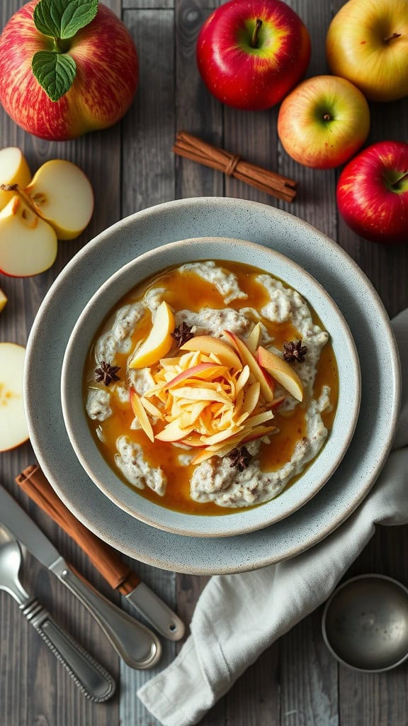 A bowl of overnight oats topped with shredded apples and maple syrup