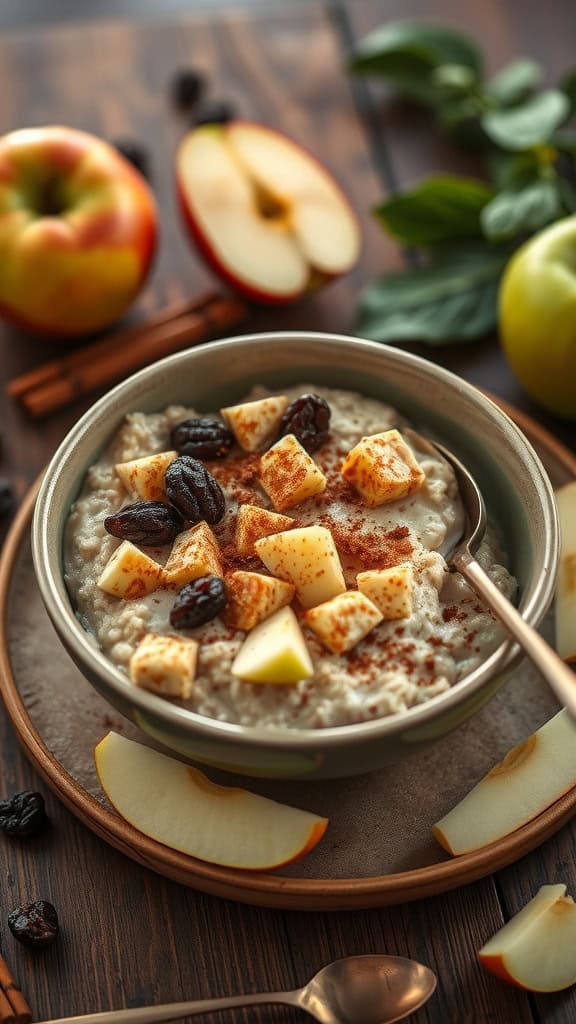A bowl of overnight oats with apple chunks and raisins