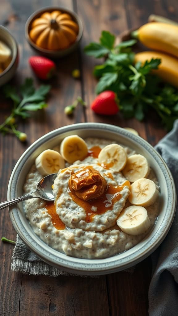 A bowl of creamy overnight oats topped with banana slices and peanut butter.