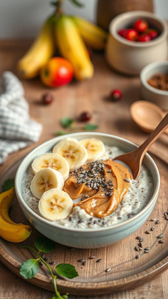 A bowl of overnight oats topped with banana slices and peanut butter
