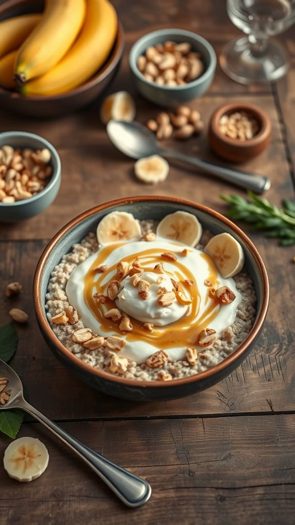 A delicious bowl of overnight oats with banana, peanut butter, and a swirl of Greek yogurt, topped with nuts.