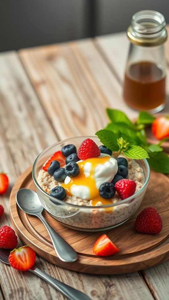 A bowl of overnight oats topped with fresh berries and yogurt.