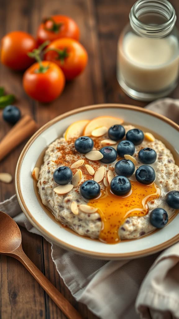 A bowl of blueberry almond overnight oats topped with fresh blueberries and slivered almonds.