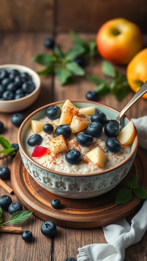 A bowl of overnight oats topped with blueberries and diced apples, sprinkled with cinnamon.