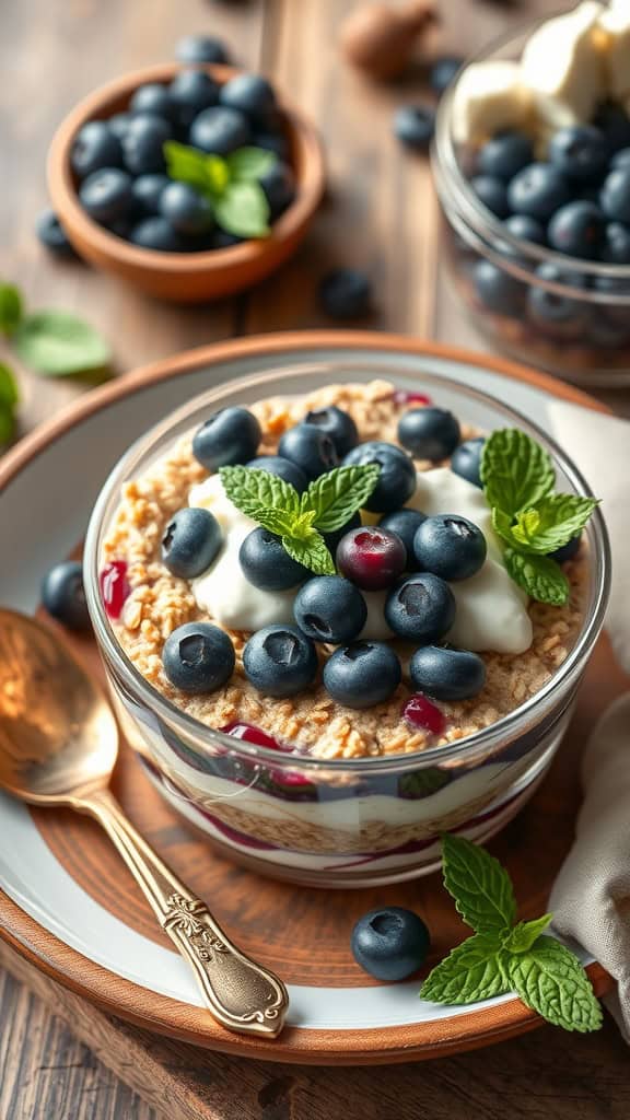 A bowl of blueberry cheesecake style overnight oats topped with fresh blueberries and mint leaves