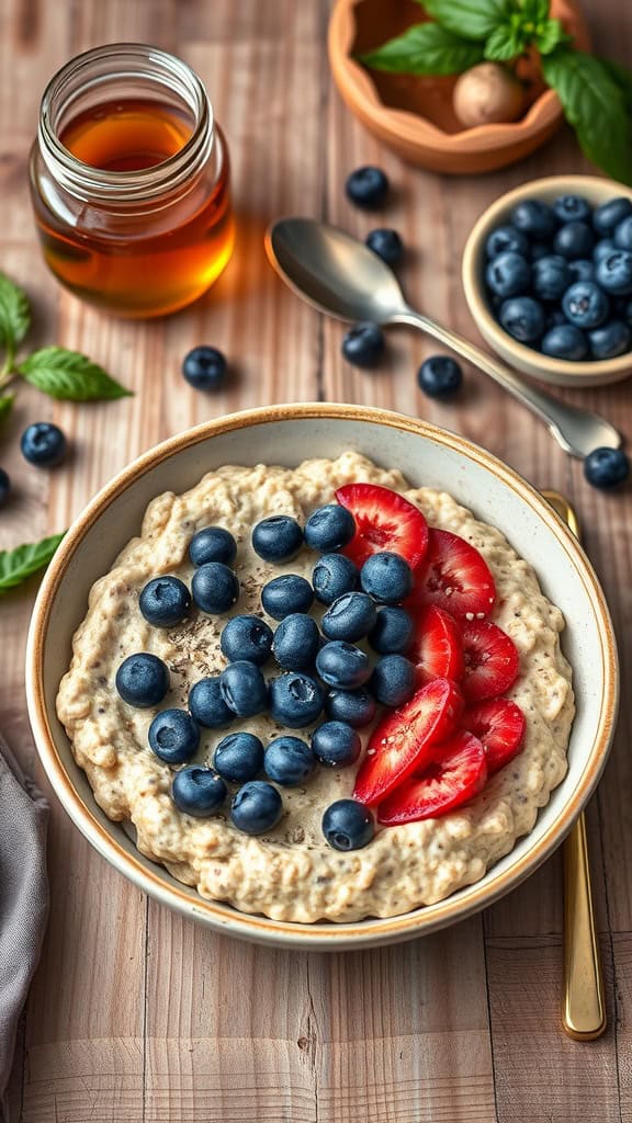 A bowl of blueberry chia seed overnight oats topped with fresh blueberries and strawberries.