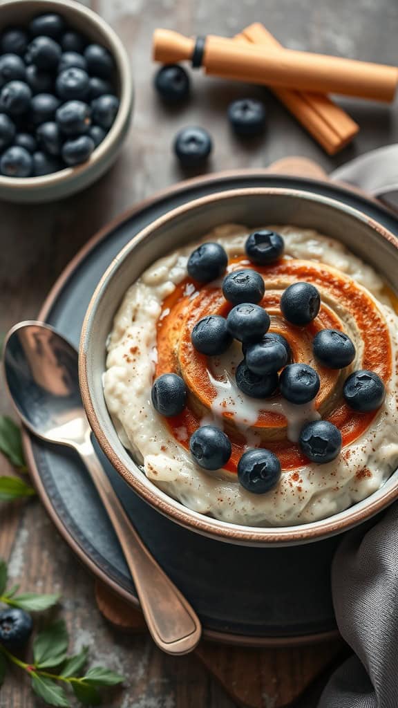 Overnight oats with blueberries and cinnamon roll flavors, topped with icing drizzle.