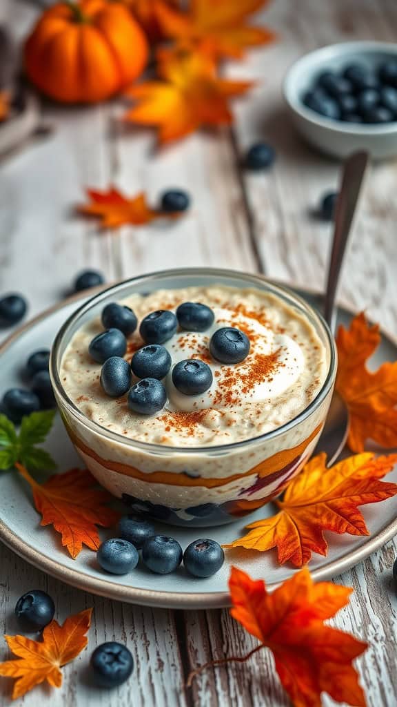A bowl of overnight oats topped with blueberries and pumpkin spice, surrounded by autumn leaves.
