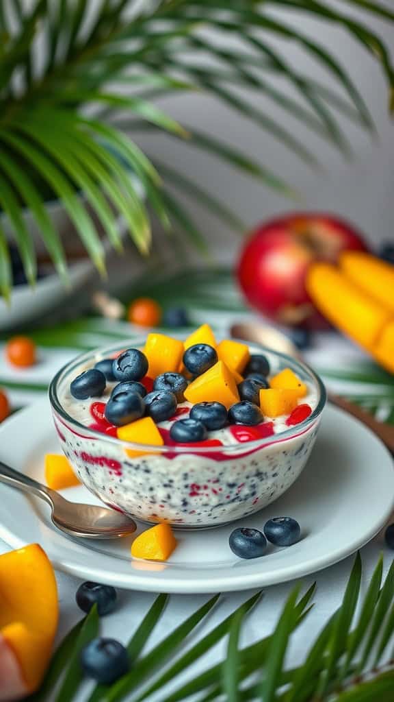 A bowl of overnight oats with blueberries and mango chunks