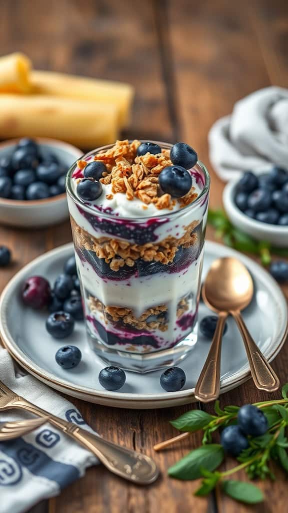 A delicious blueberry yogurt parfait with oats and granola.