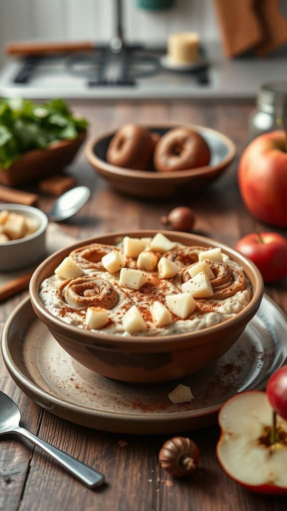 A bowl of Overnight Oats Cinnamon Roll with diced apples on top, surrounded by fresh apples and a cozy kitchen setting.