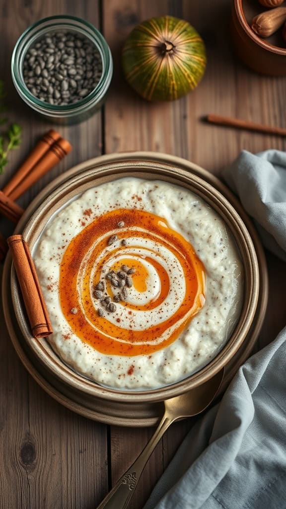 A bowl of creamy cinnamon roll overnight oats topped with a swirl of maple syrup and chia seeds, garnished with cinnamon sticks.