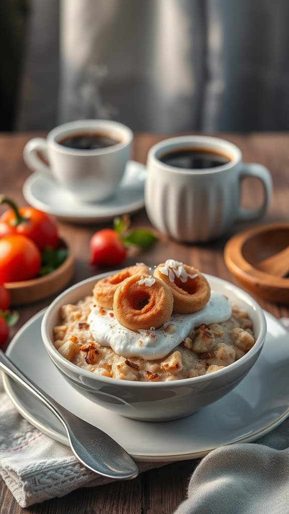 Bowl of overnight oats topped with coconut cream and garnished, with coffee in the background