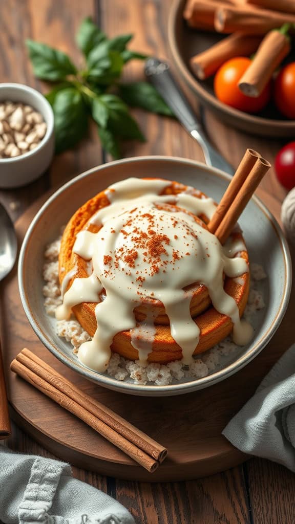 A bowl of Cinnamon Roll Overnight Oats drizzled with cream cheese frosting and sprinkled with cinnamon.