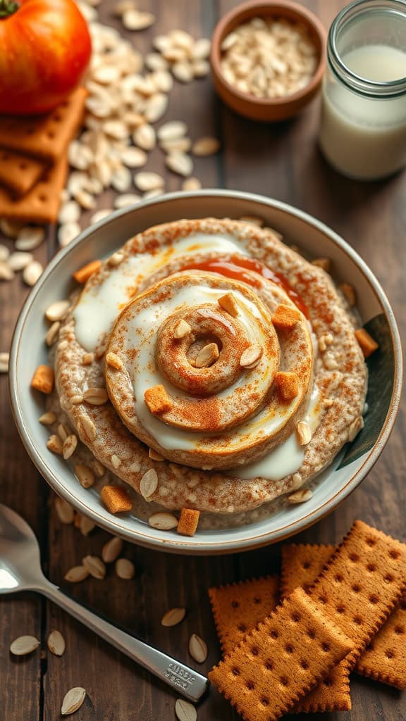 Delicious bowl of cinnamon roll overnight oats topped with crushed graham crackers