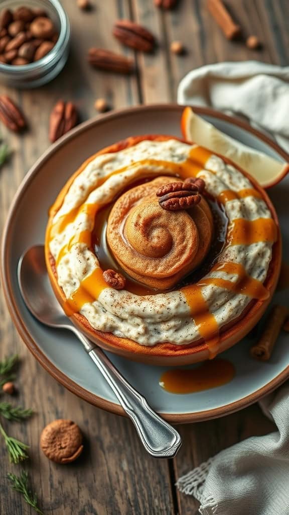 A bowl of creamy overnight oats topped with cinnamon and maple syrup