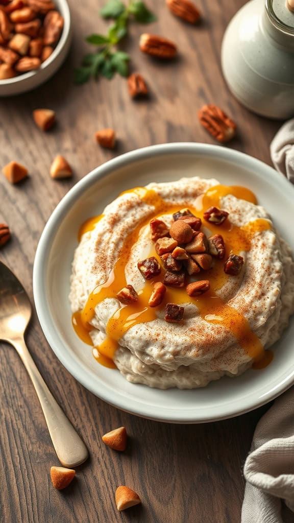 A bowl of overnight oats topped with pecans and a drizzle of syrup