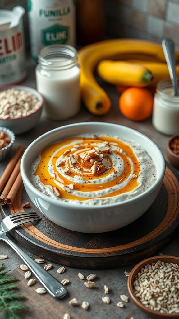 A bowl of overnight oats cinnamon roll with toppings