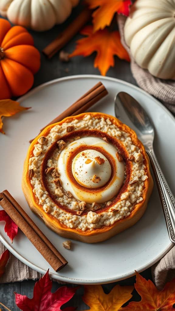 A bowl of overnight oats with a cinnamon roll and pumpkin spice theme, topped with yogurt and nuts.