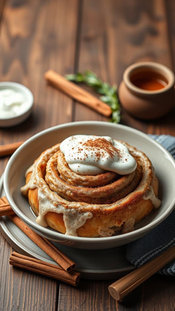 A bowl of overnight oats with cinnamon roll flavor topped with vanilla yogurt and garnished with cinnamon sticks.
