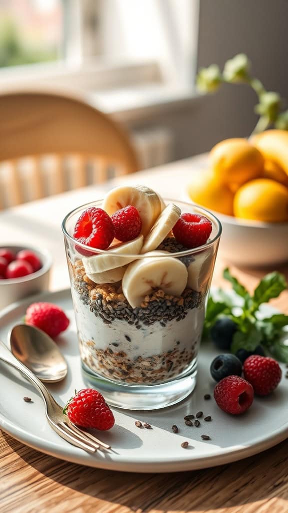 A delicious overnight oats parfait with banana slices and yogurt