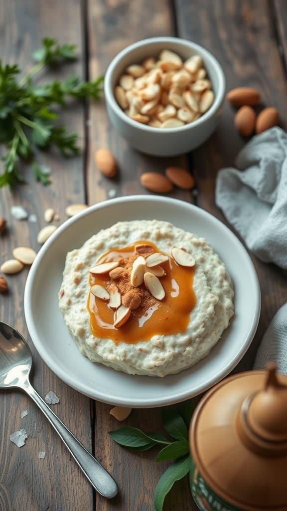 A delicious serving of overnight oats topped with brown sugar and almond butter, garnished with sliced almonds.
