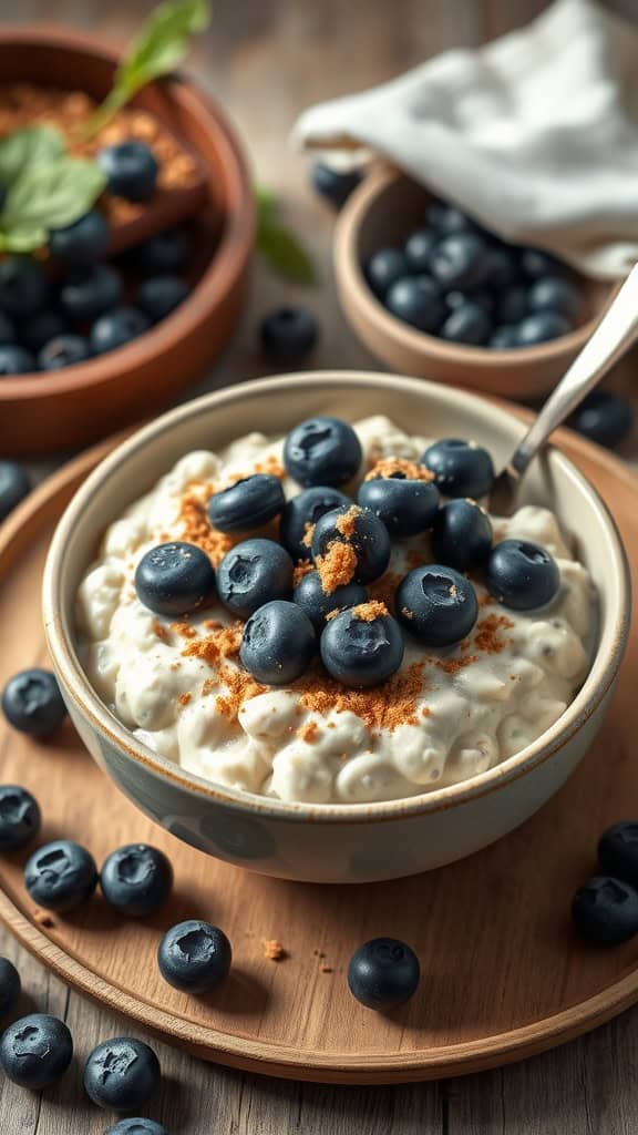 A bowl of overnight oats topped with blueberries and brown sugar.