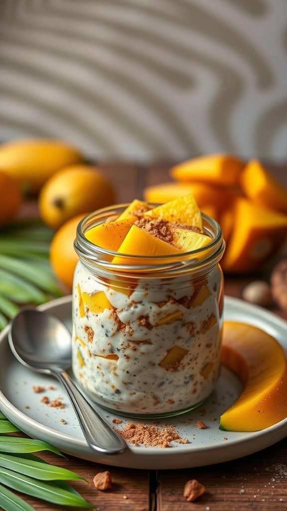 A jar of overnight oats with brown sugar and fresh mango, garnished with mango slices.