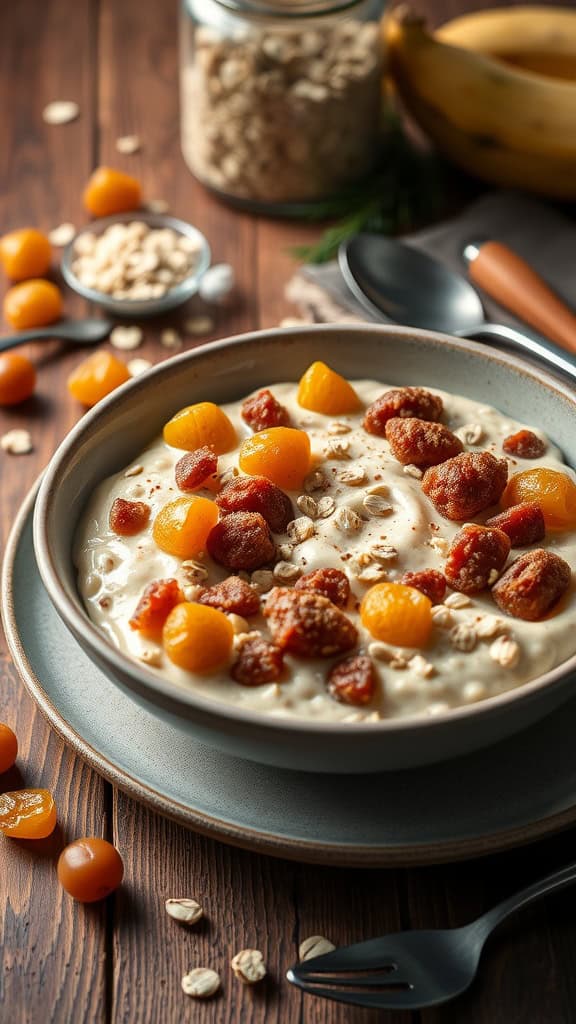 A bowl of overnight oats with brown sugar and golden raisins