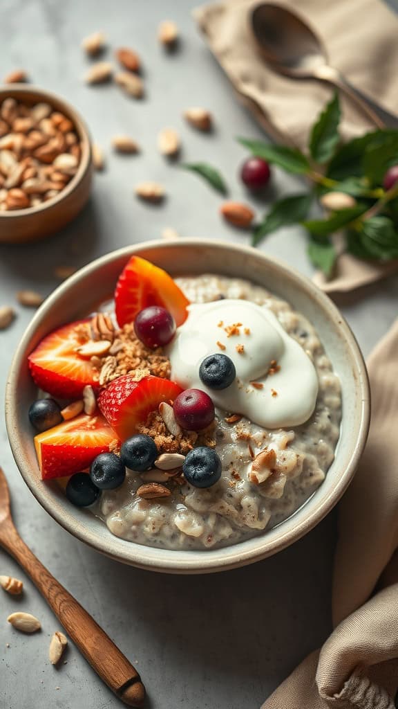 Bowl of overnight oats topped with fresh fruits and Greek yogurt