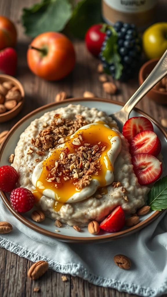 A bowl of overnight oats topped with honey, nuts, and fresh fruit.