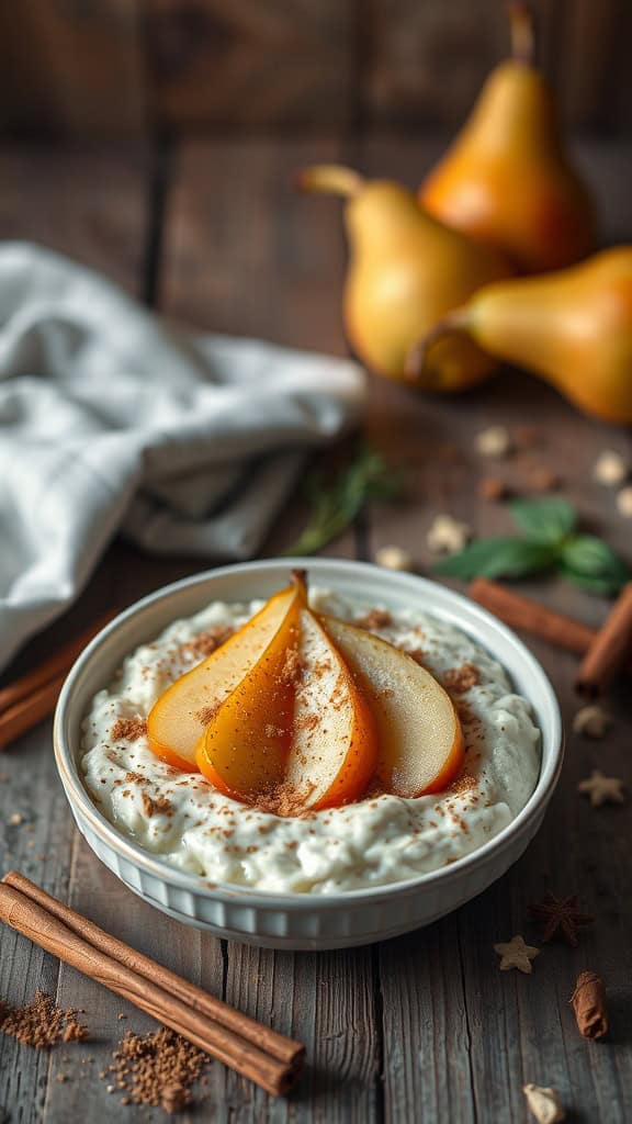 A bowl of overnight oats topped with spiced pear slices and sprinkled with cinnamon.